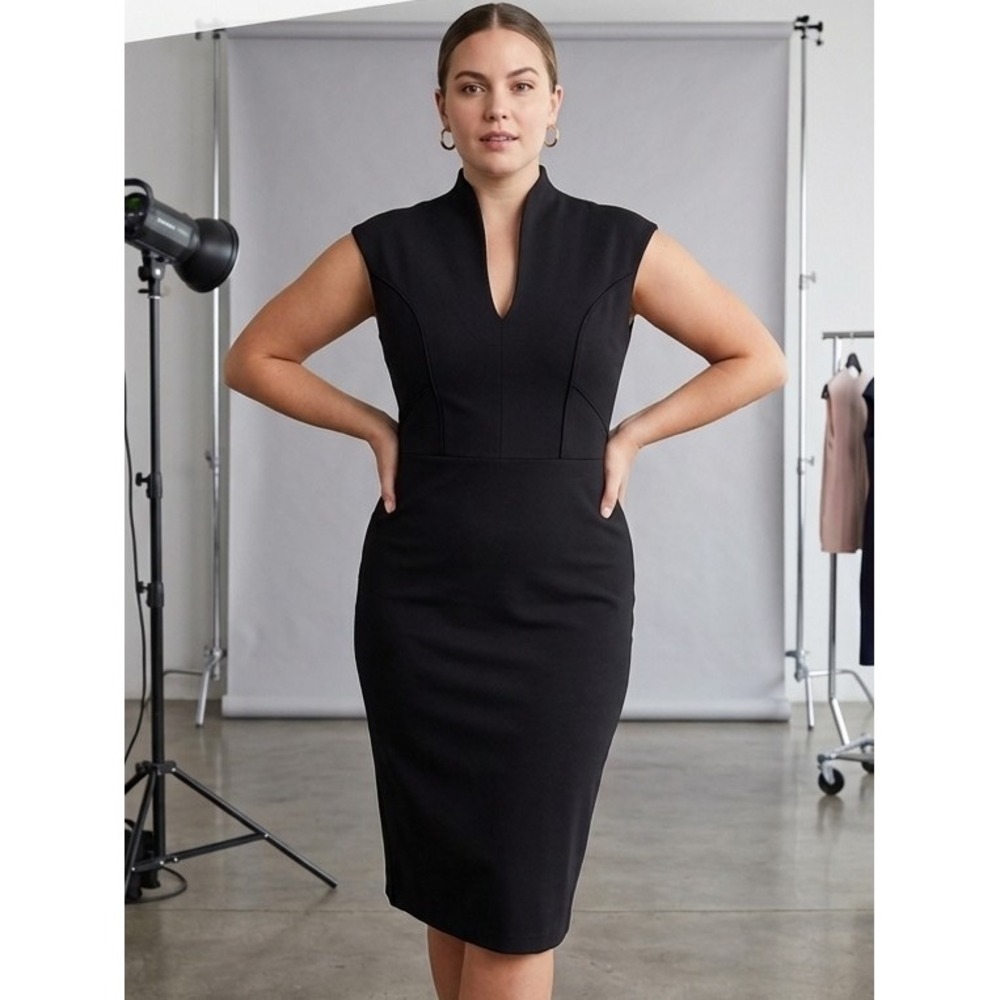 Rolla Coster Black Sleeveless Bodycon Dress Gold Zipper Mock Neck LBD Large